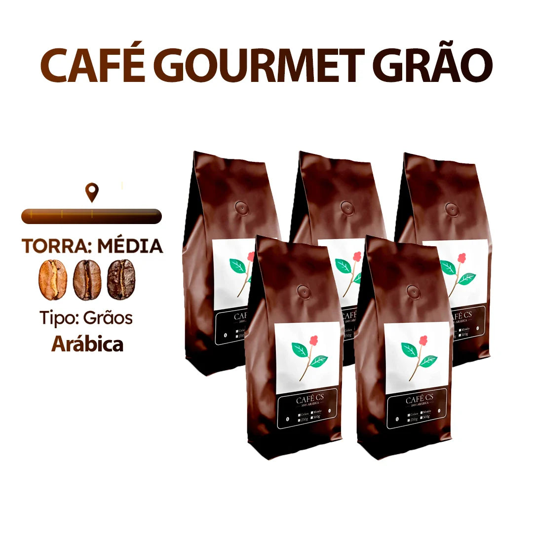 5 Pacotes de Café CS Gourmet 100% Arábica – 500g (Grãos | Torra Média)