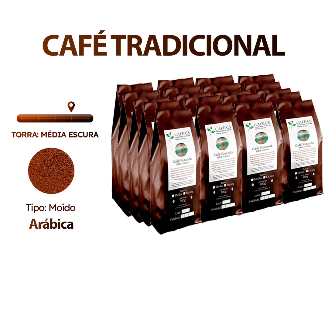 20 Pacotes de 10 Pacotes de Café Fazenda 500g Moído | 100% Arábica – Torra Média Escura